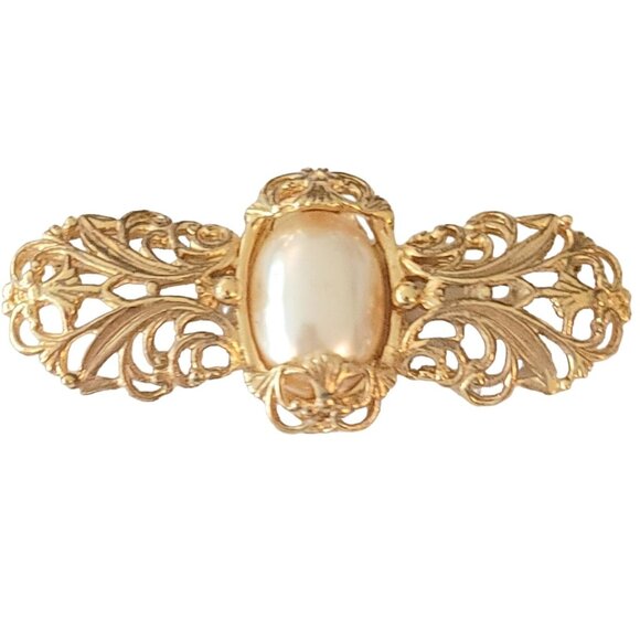 Napier Gold Tone Faux Pearl Bar Brooch Pin, Signed M523